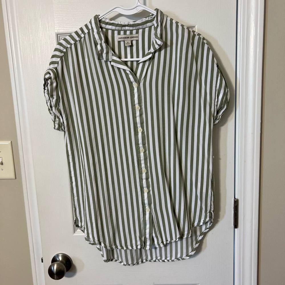 Green and White Striped Button-Down Shirt